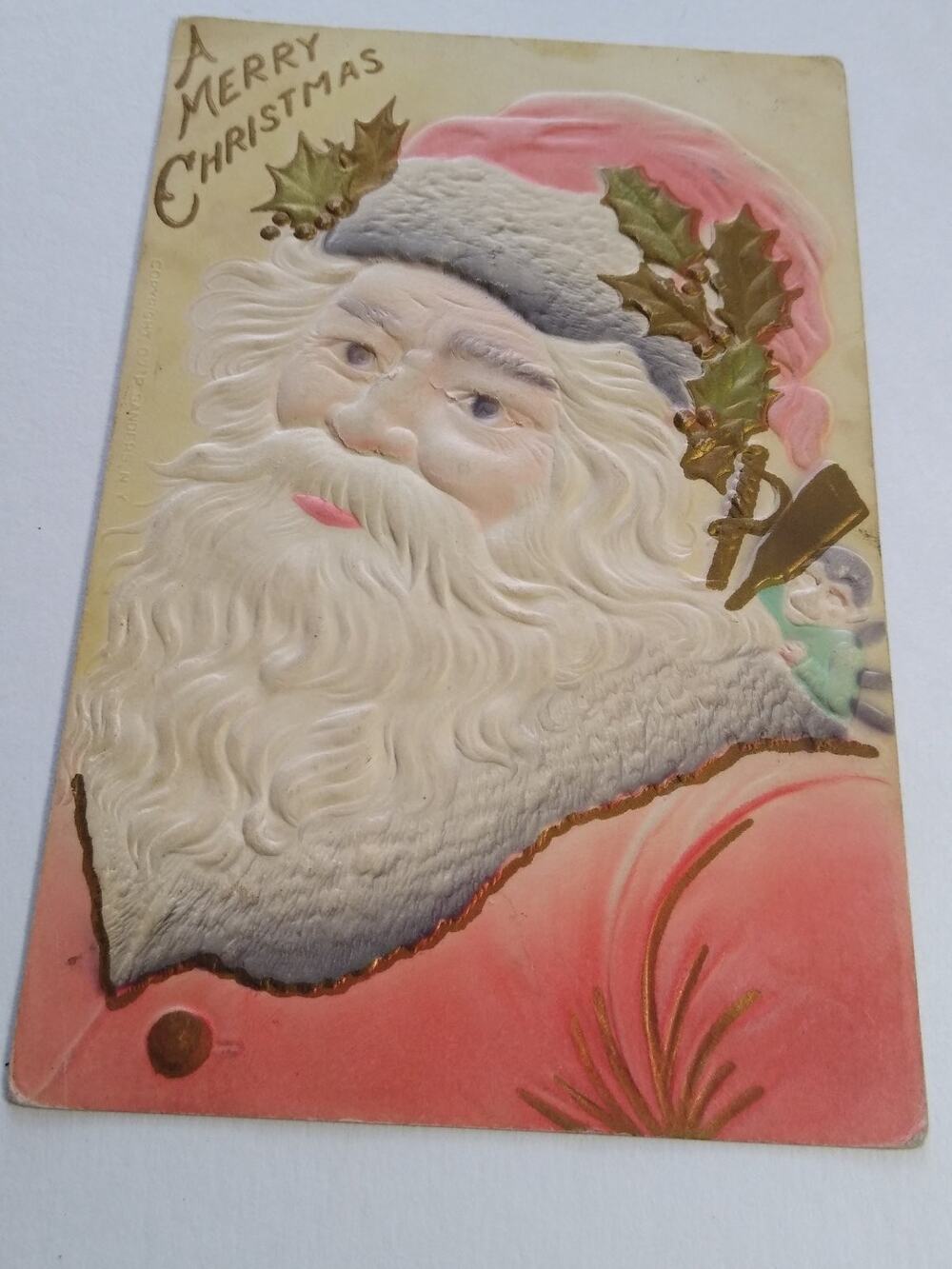 Vintage Santa Claus Embossed Christmas Postcard 1908 Holly & Elf Large Face